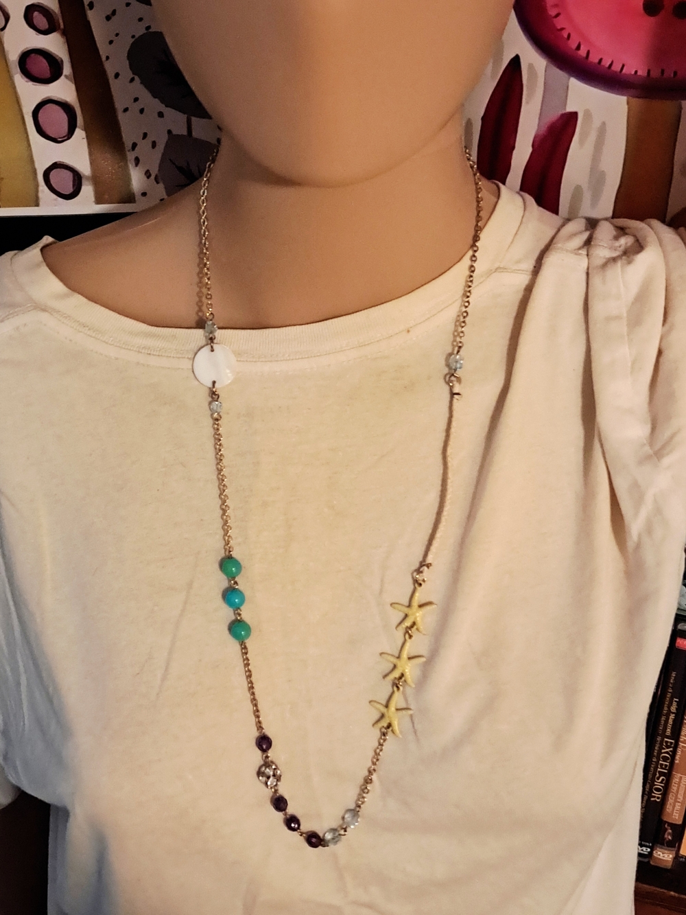 American Eagle Outfitters Silver Starfish Necklace with Turquoise & Purple Beads